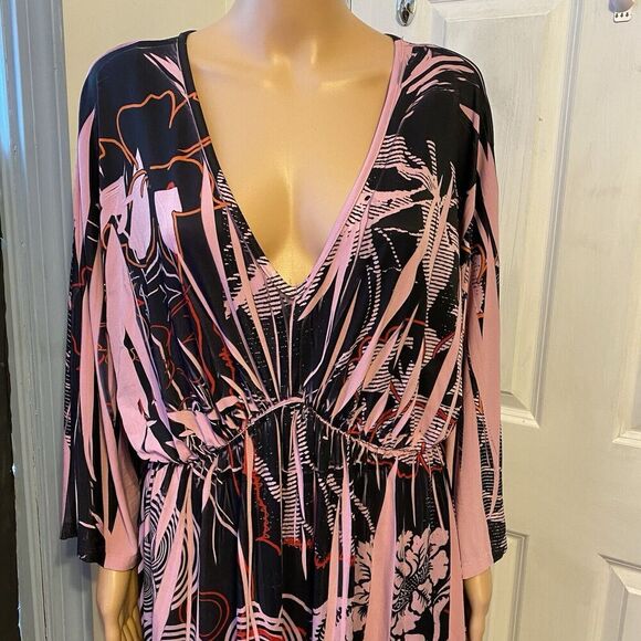Vintage Daniel Benjamin USA Dress Sz 3X Pink Black VNeck High Elastic Waist Boho - Picture 9 of 10
